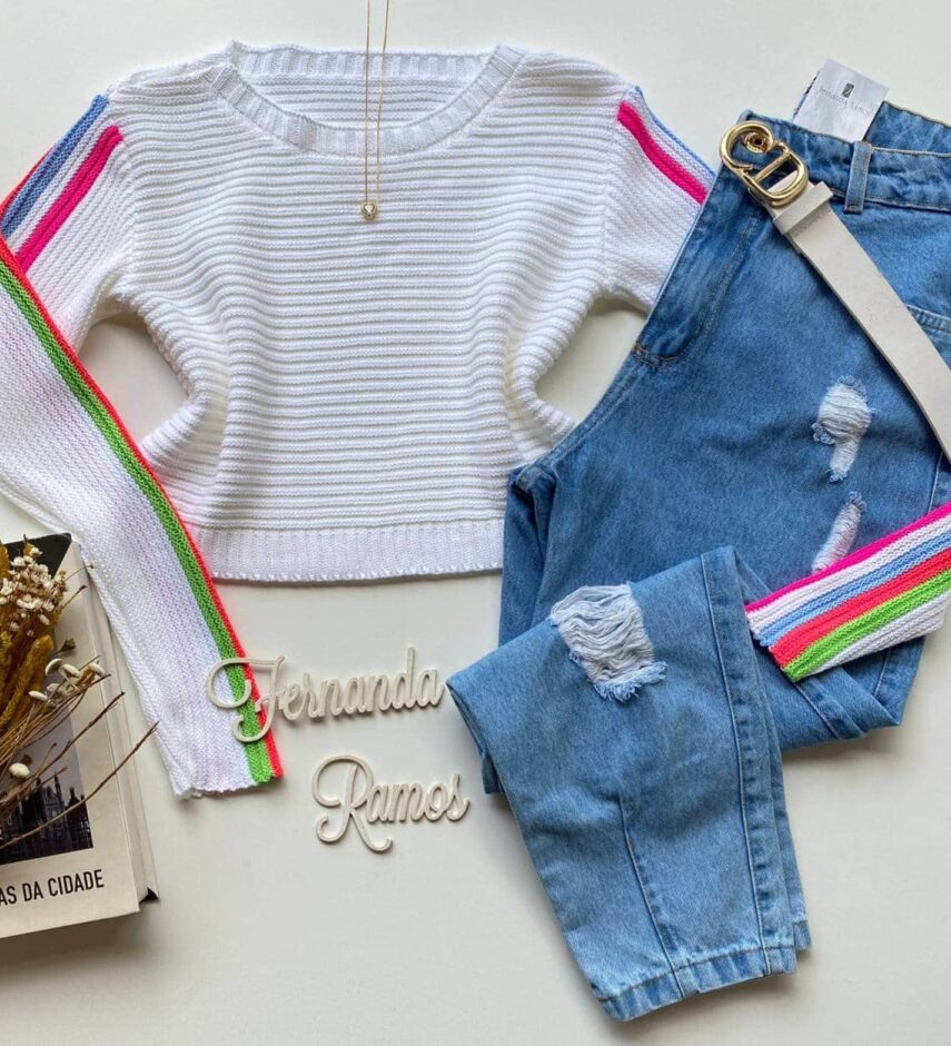 Cropped Feminino Manga Longa Tricot Helena Branco - Fernanda Ramos Store