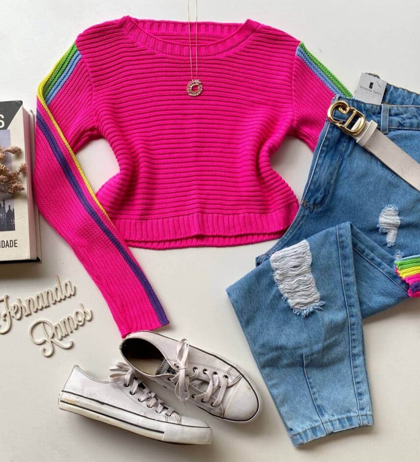 Cropped Feminino Manga Longa Tricot Helena Pink - Fernanda Ramos Store