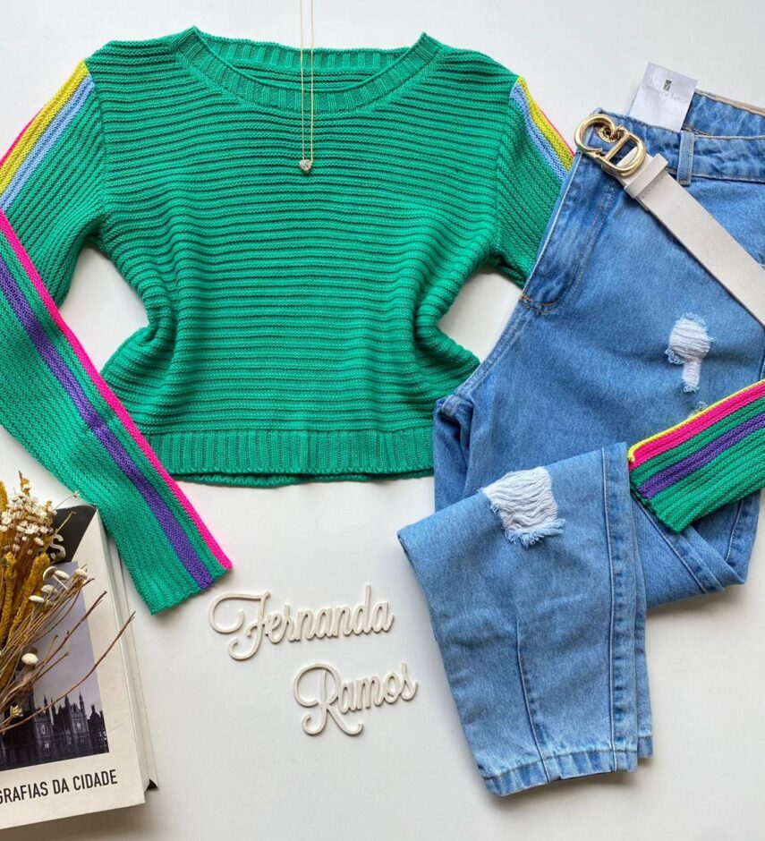 Cropped Feminino Manga Longa Tricot Helena Verde - Fernanda Ramos Store