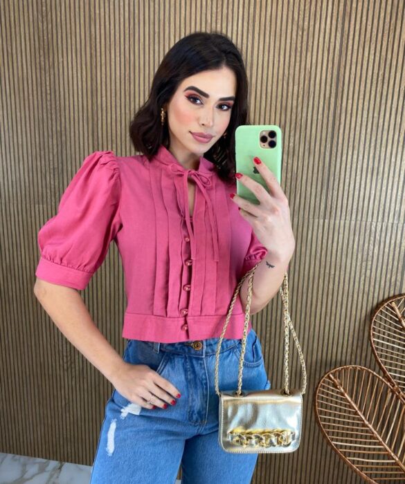 Cropped Feminino Manga Princesa com Botões Rose Fernanda Ramos Store