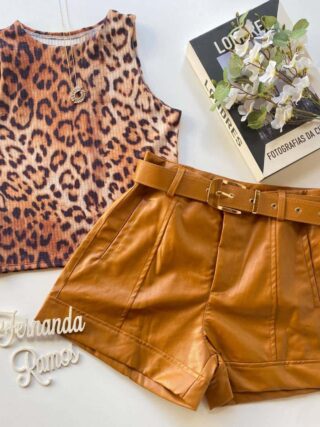 Cropped Feminino sem Bojo Malha Canelada Animal Print Fernanda Ramos Store