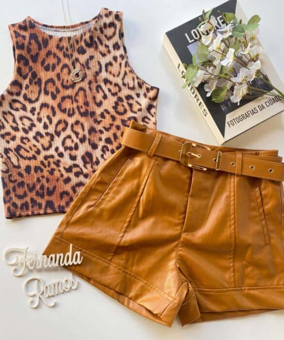 Cropped Feminino sem Bojo Malha Canelada Animal Print Fernanda Ramos Store