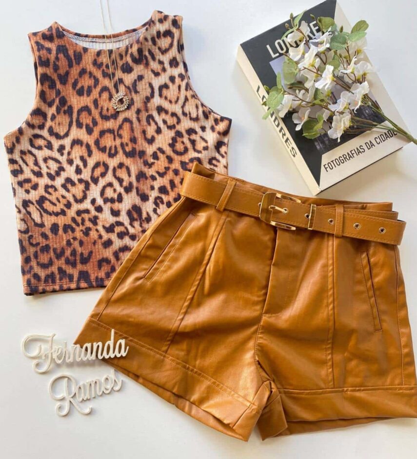 Cropped Feminino sem Bojo Malha Canelada Animal Print - Fernanda Ramos Store
