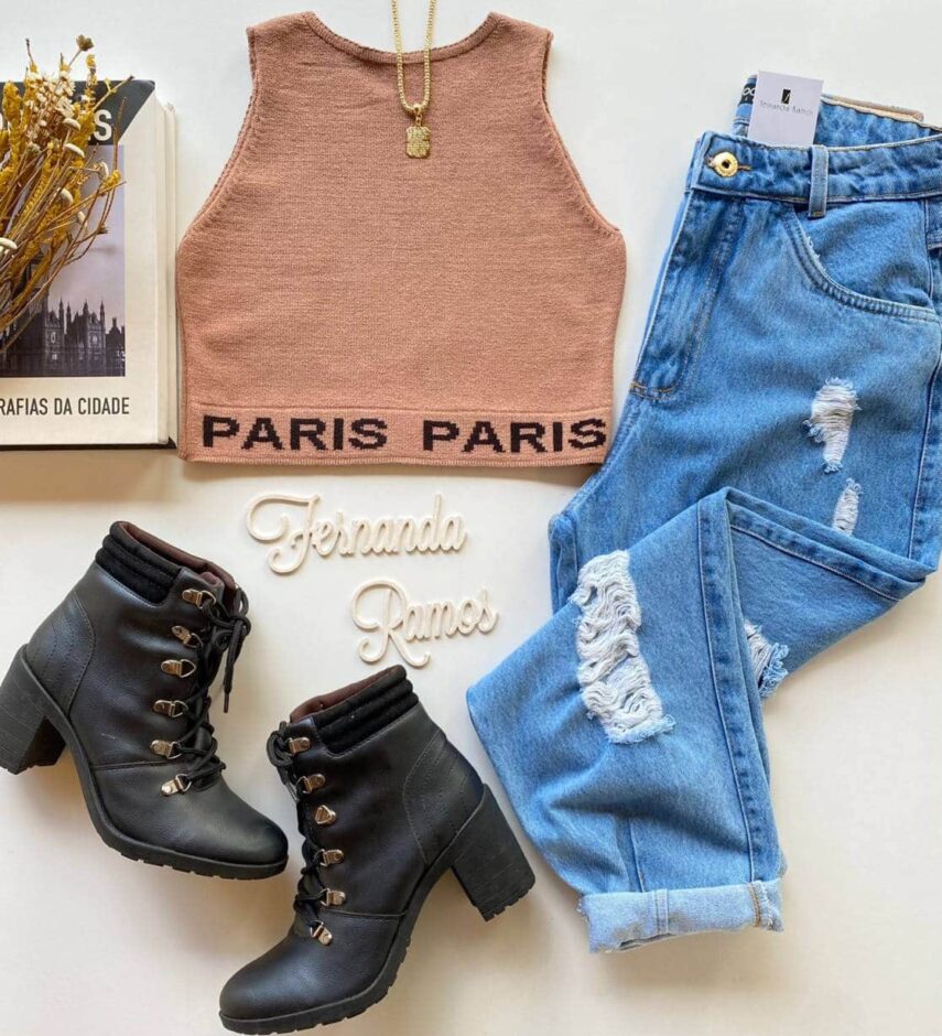 Cropped Feminino sem Bojo Tricot Paris Bege Fernanda Ramos Store