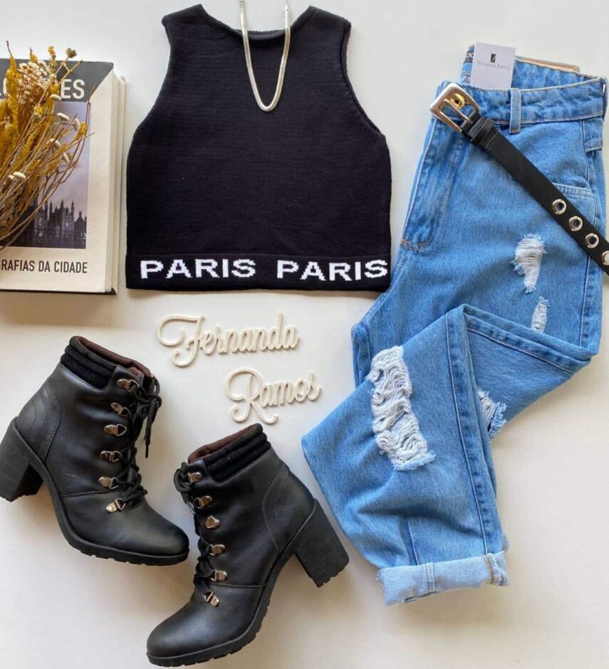 Cropped Feminino sem Bojo Tricot Paris Preto Fernanda Ramos Store