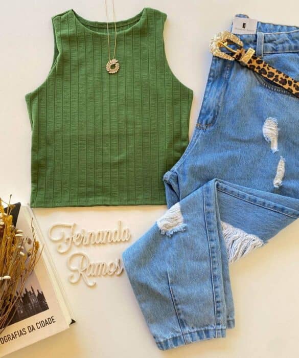 Cropped Feminino sem Bojo Verde Malha Canelada Fernanda Ramos Store