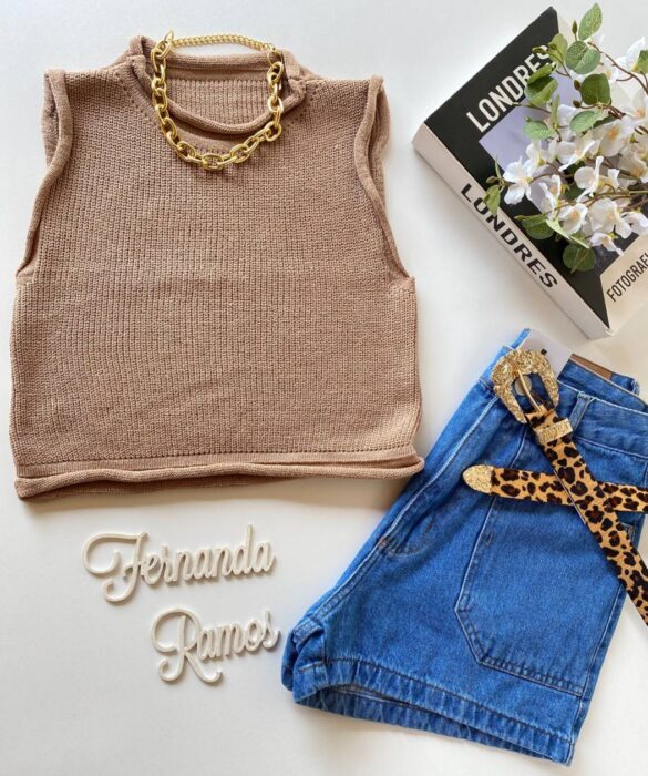 Cropped Feminino Tricot Luiza Bege Fernanda Ramos Store