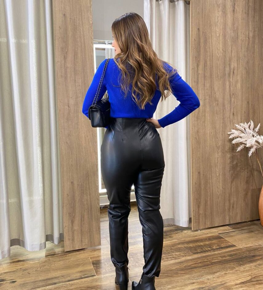 Cropped Feminino Tricot Manga Longa Gola Alta Azul - Fernanda Ramos Store