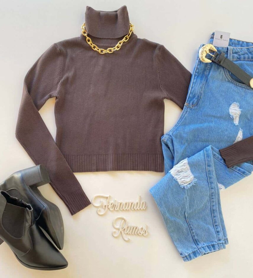 Cropped Feminino Tricot Manga Longa Gola Alta Terra Fernanda Ramos Store