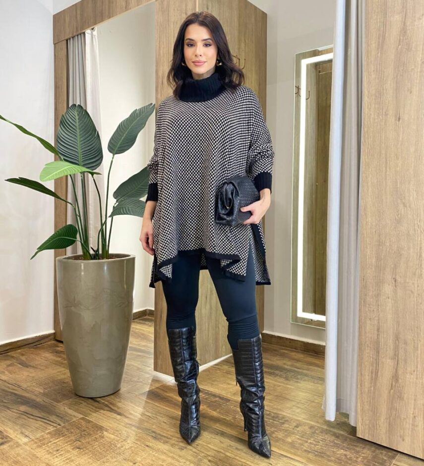 Poncho Femininino Tricot Amanda com Gola Xadrez - Fernanda Ramos Store