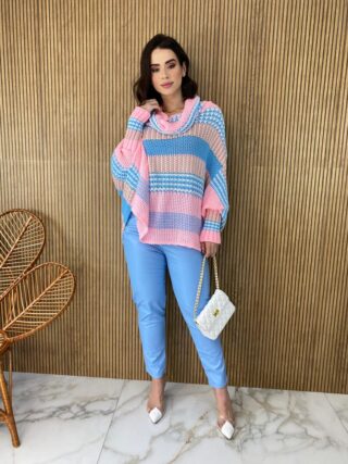 Poncho Femininino Tricot Azul e Rosa Fernanda Ramos Store