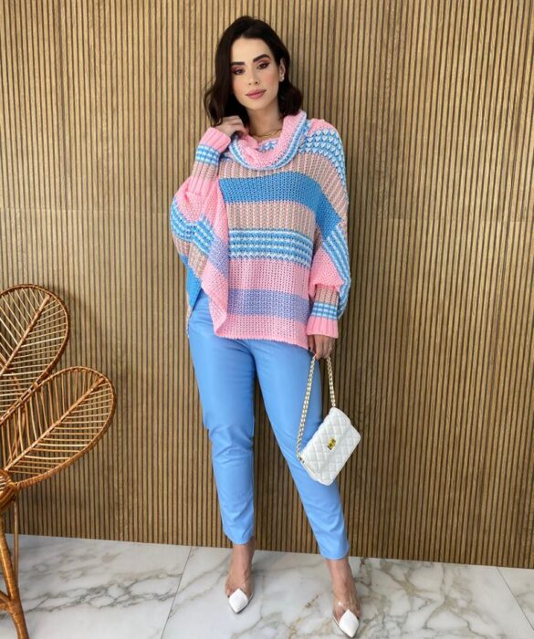 Poncho Femininino Tricot Azul e Rosa Fernanda Ramos Store