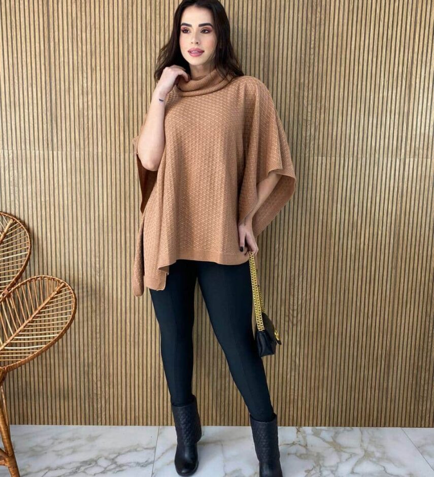 Poncho Femininino Tricot Manu Bege Fernanda Ramos Store