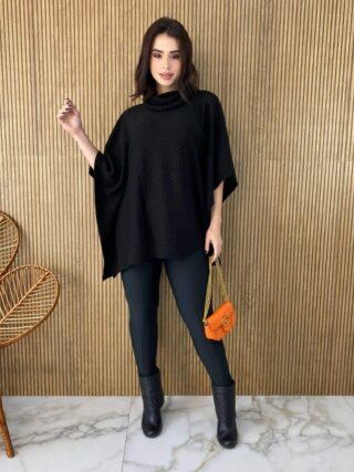 Poncho Femininino Tricot Manu Preto Fernanda Ramos Store