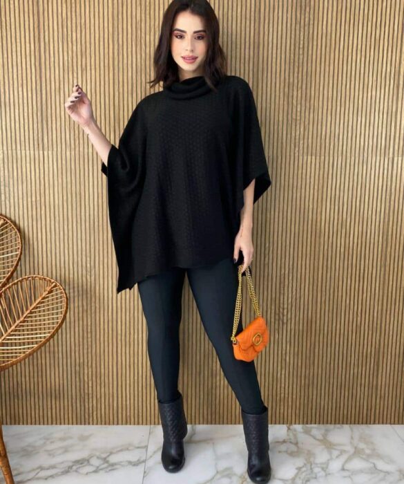 Poncho Femininino Tricot Manu Preto Fernanda Ramos Store