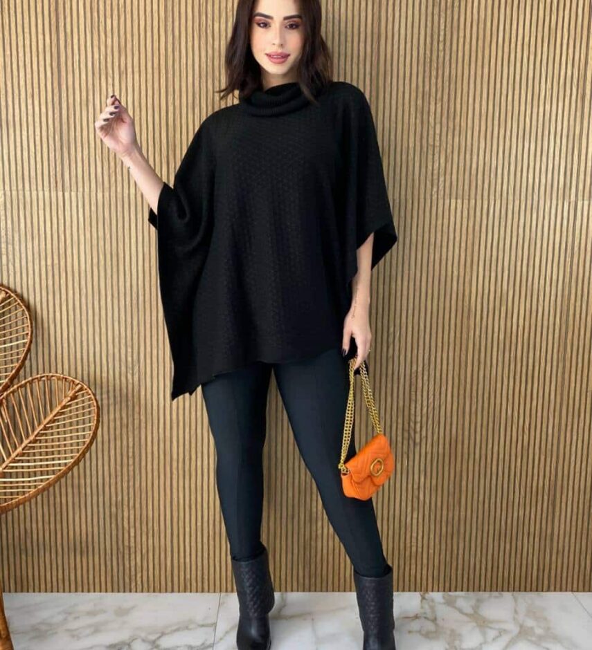 Poncho Feminino Tricot Manu Preto - Fernanda Ramos Store