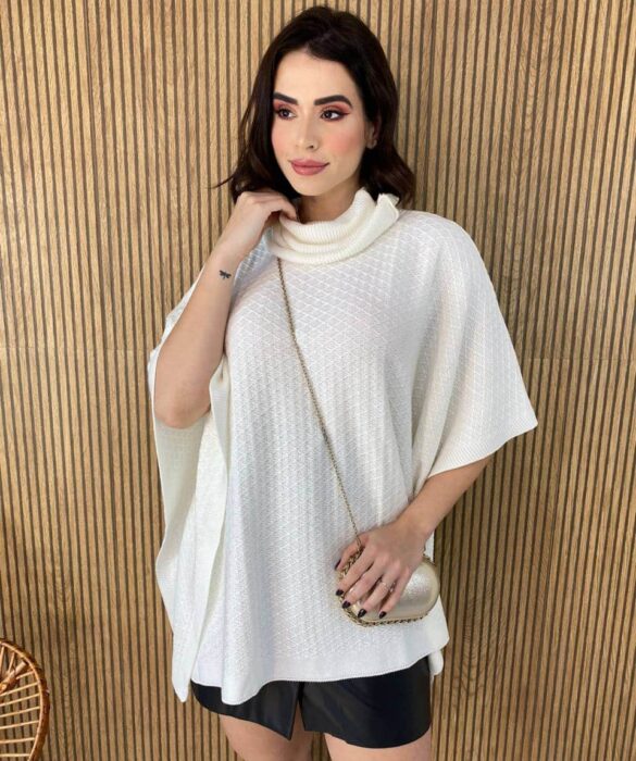 Poncho Femininino Tricot Manu Branco Fernanda Ramos Store