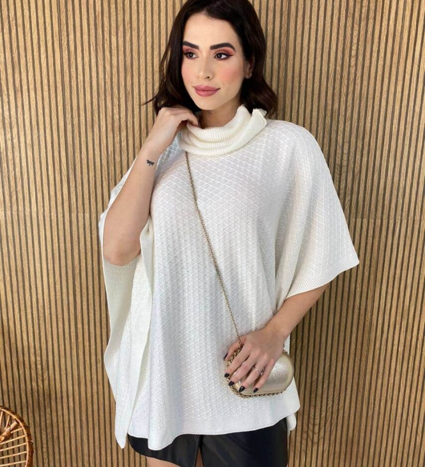 Poncho Femininino Tricot Manu Branco Fernanda Ramos Store