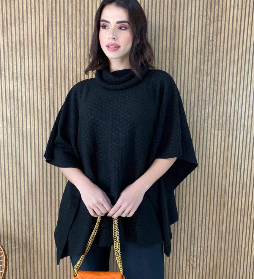 Poncho Feminino Tricot Manu Preto - Fernanda Ramos Store