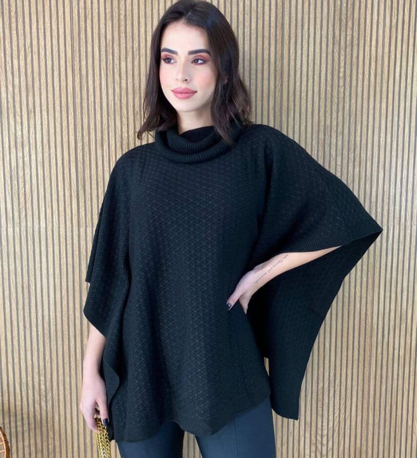 Poncho Feminino Tricot Manu Preto - Fernanda Ramos Store