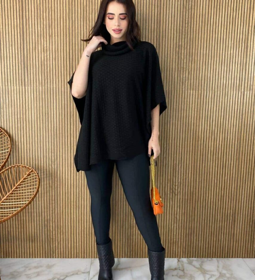Poncho Feminino Tricot Manu Preto - Fernanda Ramos Store