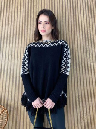 Poncho Feminino Tricot Mari Preto com Detalhes - Fernanda Ramos Store