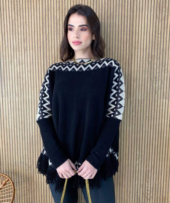 Poncho Feminino Tricot Mari Preto com Detalhes - Fernanda Ramos Store