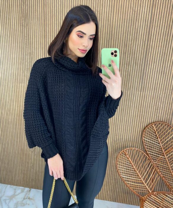 Poncho Feminino Tricot Ayla Preto Fernanda Ramos Store