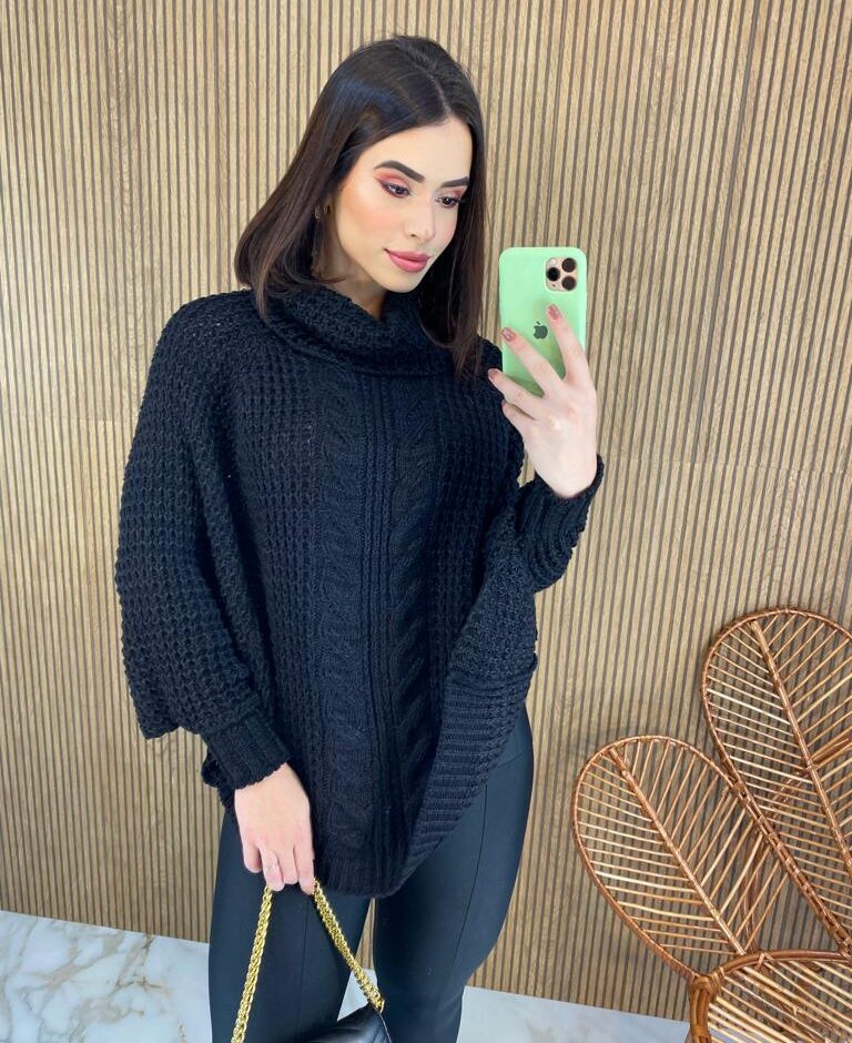 Poncho Feminino Tricot Ayla Preto Fernanda Ramos Store