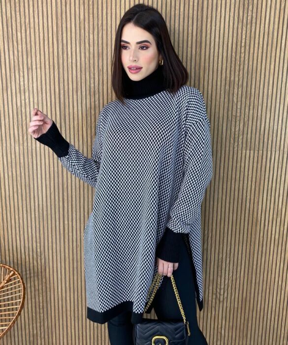 Poncho Feminino Tricot Bruna Xadrez Preto e Branco - Fernanda Ramos Store