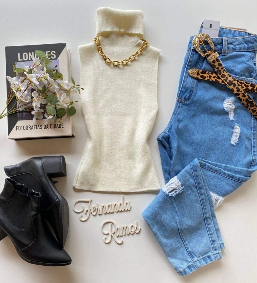 Regata Feminina Tricot com Gola Alta Off White - Fernanda Ramos Store