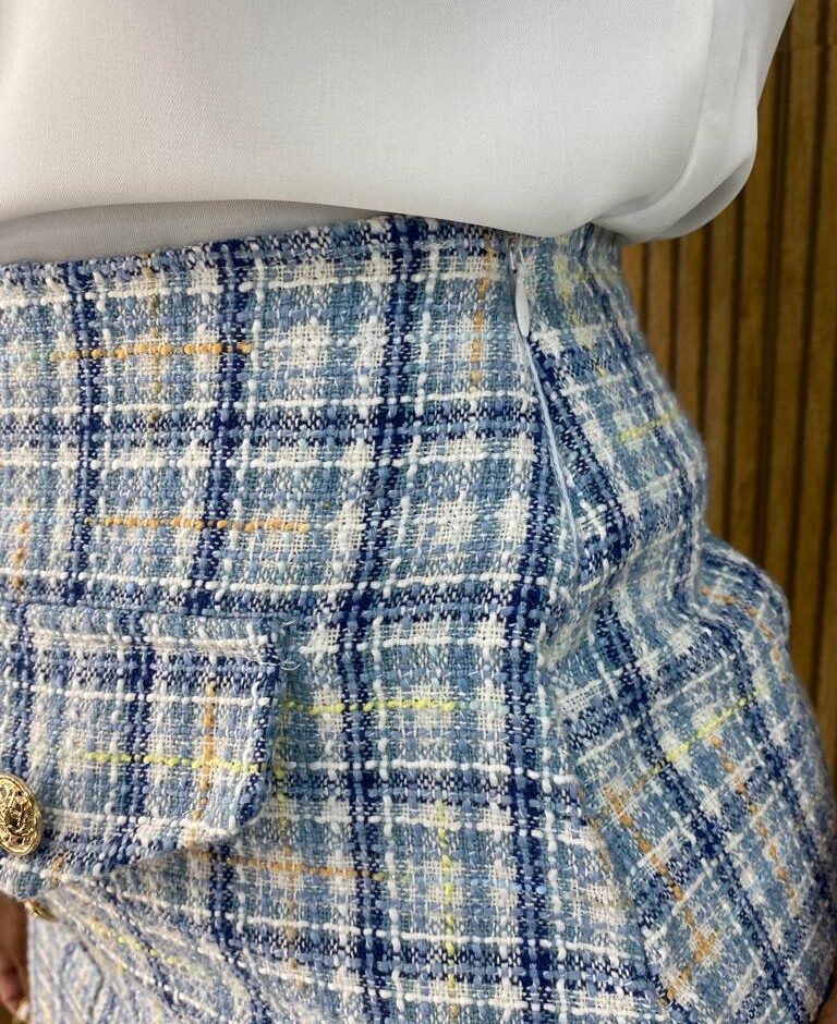 Saia Curta Feminina Tweed Maia Xadrez Azul - Fernanda Ramos Store