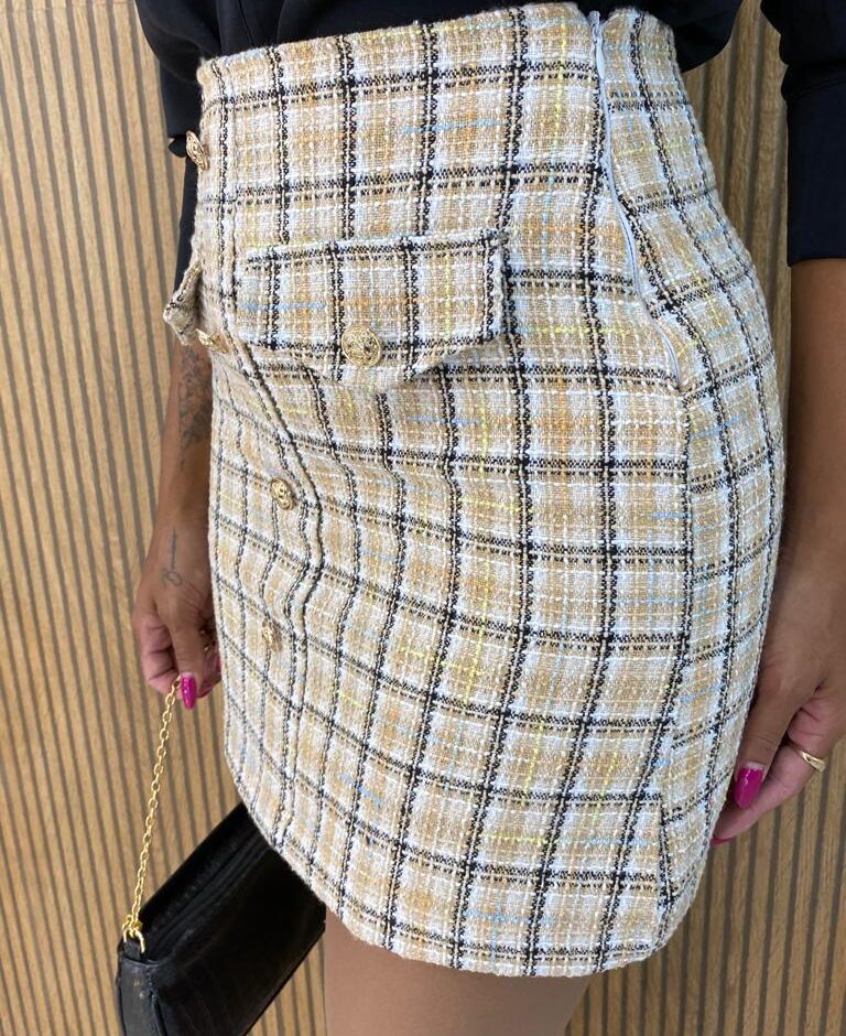Saia Curta Feminina Maia Xadrez Bege - Fernanda Ramos Store