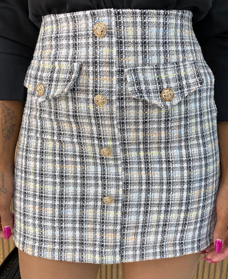 Saia Curta Feminina Tweed Maia Xadrez Preto e Branco - Fernanda Ramos Store
