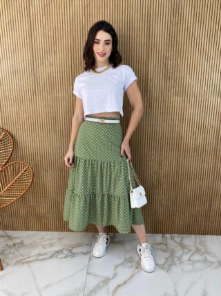 Saia Midi com Camadas Alice Poá Verde Fernanda Ramos Store