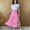 Saia Midi com Camadas Bia Xadrez Rosa Fernanda Ramos Store