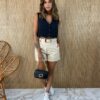 Short Feminino Couro Eco com Cinto Mari Off White - Fernanda Ramos Store