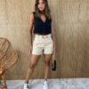 Short Feminino Couro Eco com Cinto Mari Off White - Fernanda Ramos Store