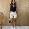 Short Feminino Couro Eco com Cinto Mari Off White - Fernanda Ramos Store