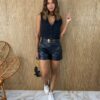 Short Feminino Couro Eco com Cinto Mari Preto Fernanda Ramos Store