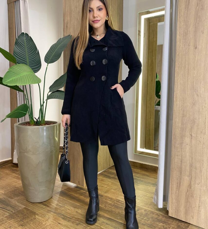 Sobretudo Feminino Tricot Preto Botões Preto - Fernanda Ramos Store