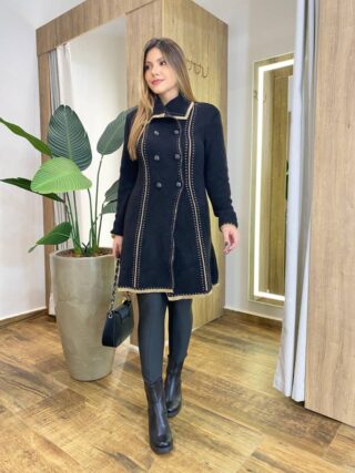 Sobretudo Feminino Tricot Preto Detalhes Dourado - Fernanda Ramos Store