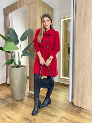 Sobretudo Feminino Tricot Vermelho Botões Preto - Fernanda Ramos Store