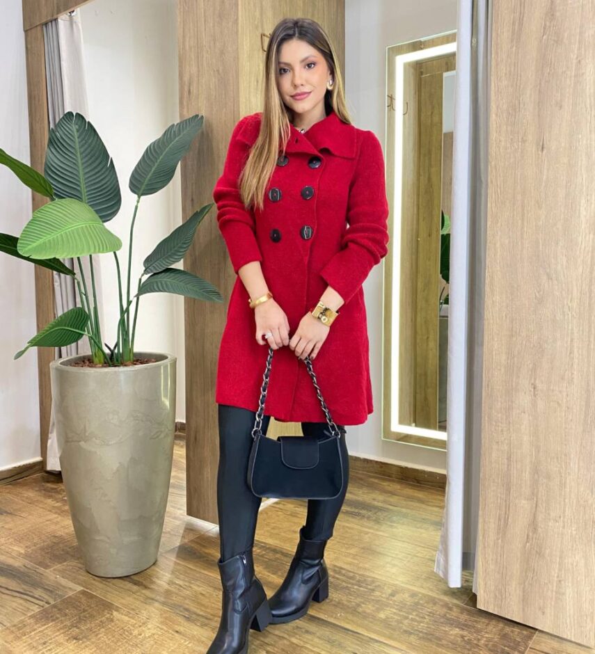 Sobretudo Feminino Tricot Vermelho Botões Preto - Fernanda Ramos Store