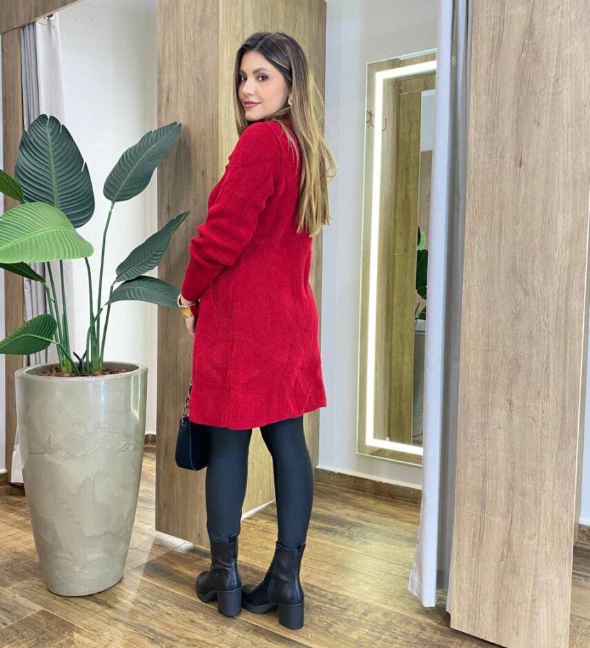 Sobretudo Feminino Tricot Vermelho Botões Preto - Fernanda Ramos Store