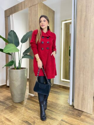 Sobretudo Feminino Tricot Vermelho Botões Preto - Fernanda Ramos Store