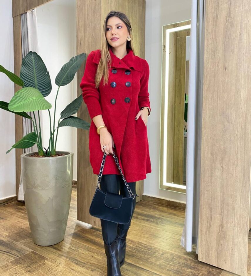 Sobretudo Feminino Tricot Vermelho Botões Preto - Fernanda Ramos Store