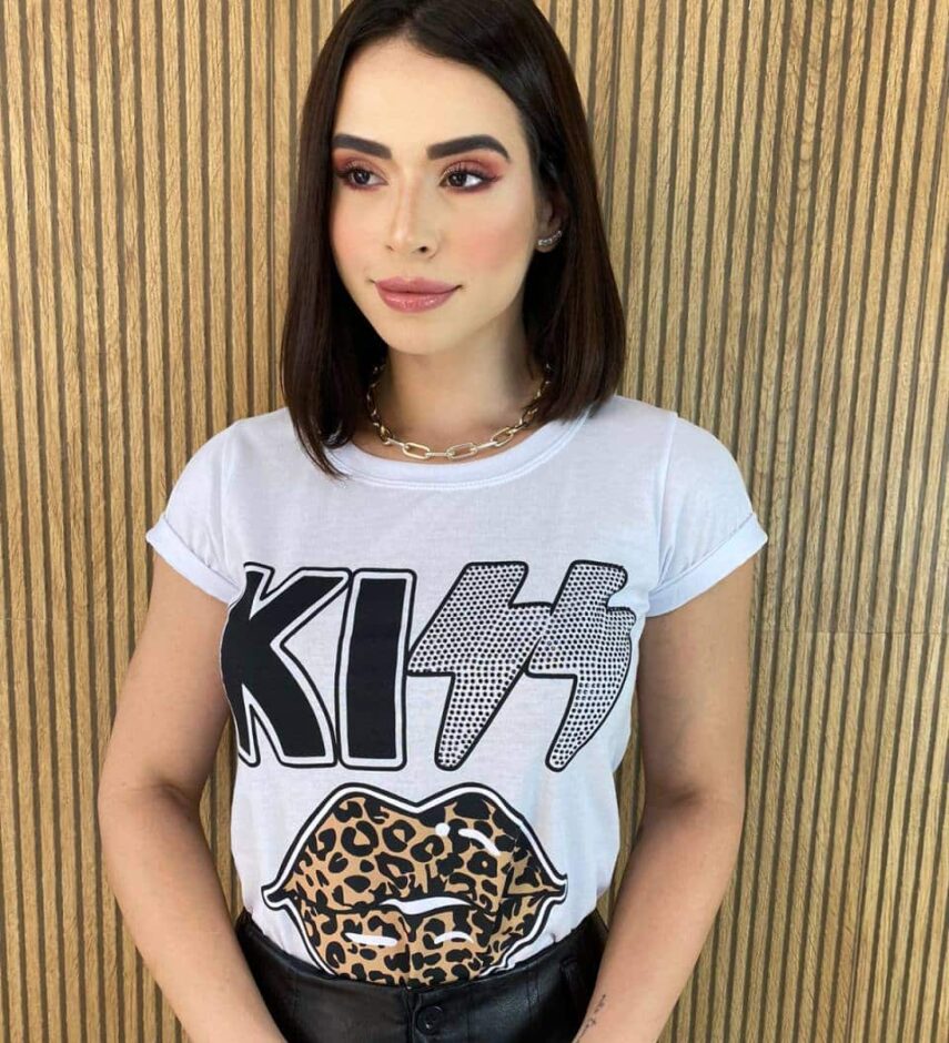 T-shirt Manga Curta Kiss Animal Print Branca - Fernanda Ramos Store