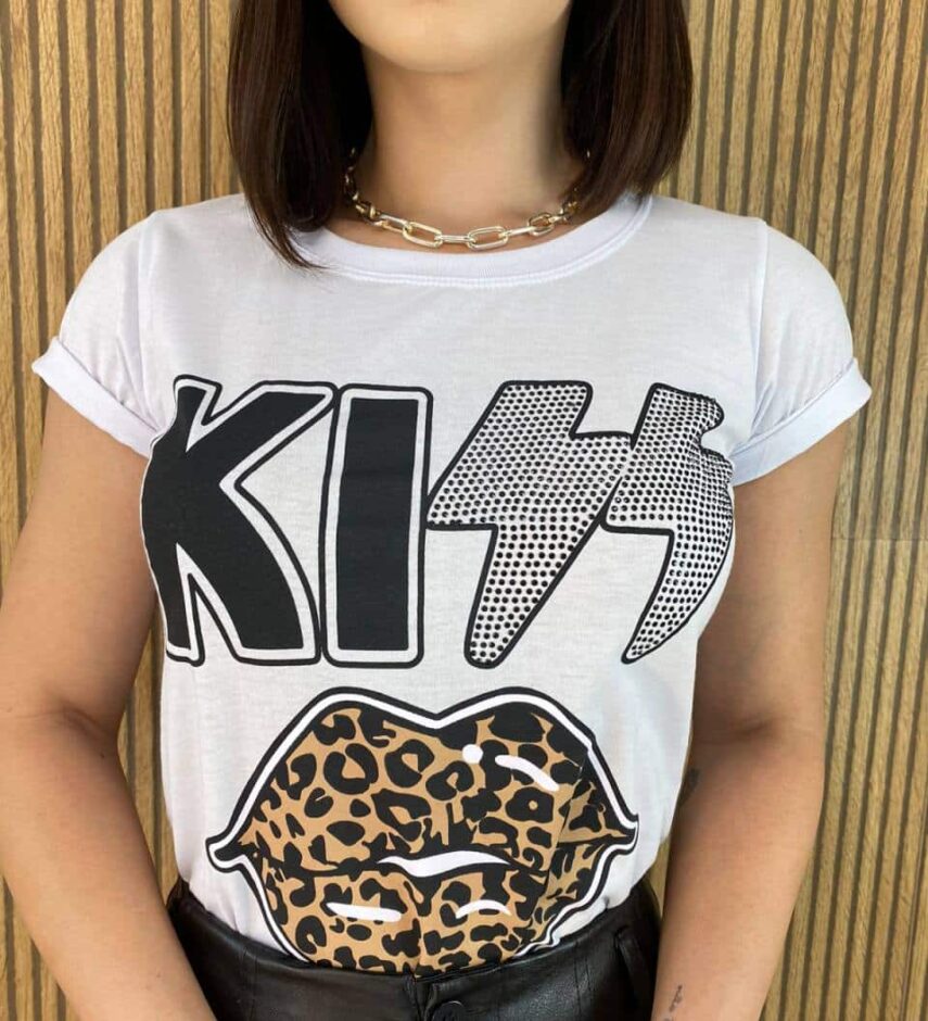 T-shirt Manga Curta Kiss Animal Print Branca - Fernanda Ramos Store