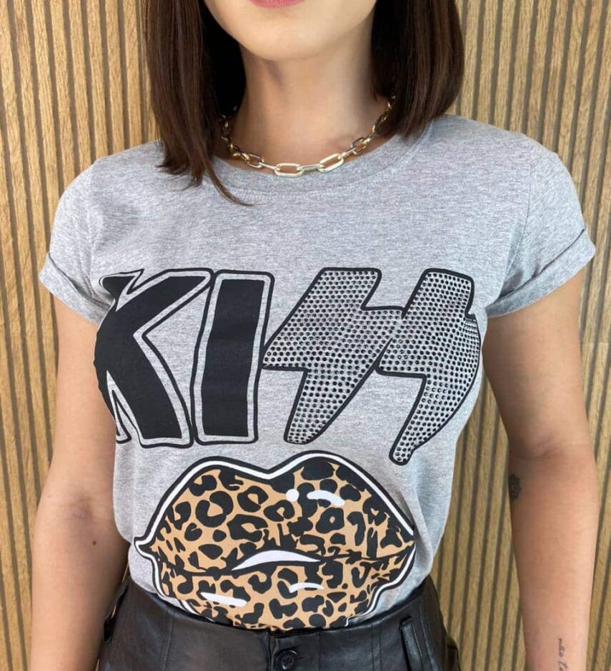 T-shirt Manga Curta Kiss Animal Print Cinza - Fernanda Ramos Store